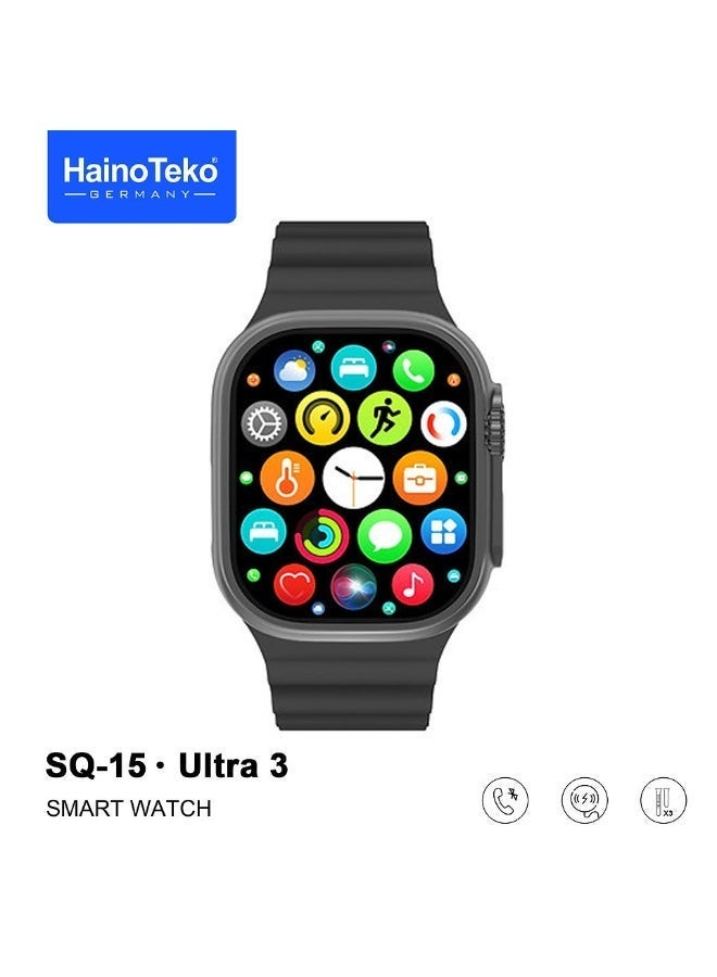 Haino Teko SQ-15 Ultra 3 Smart Watch with AMOLED Display Bluetooth Calling 3 Pair Straps and Charging Cable Designed for Ladies and Gents Black - Image 2